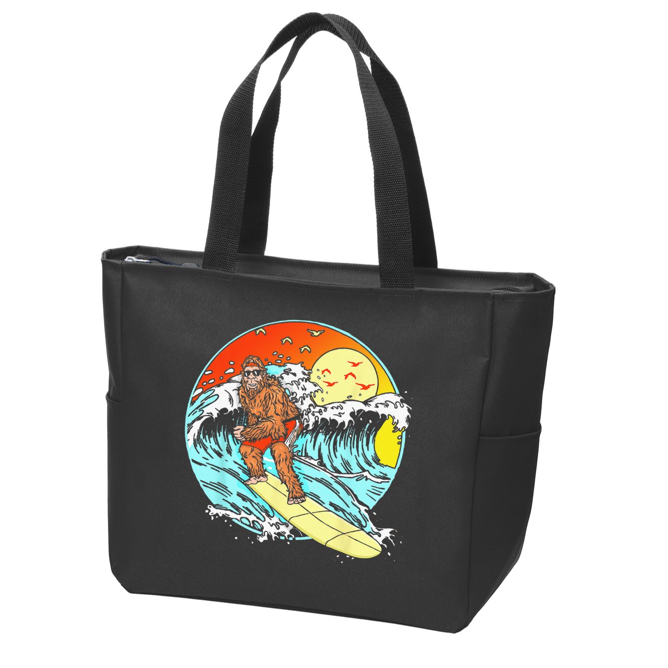 Surfing Bigfoot Funny Beach Sasquatch Surfer Waves Retro 80s Zip Tote Bag