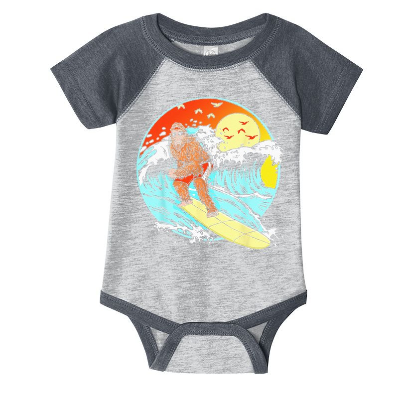 Surfing Bigfoot Funny Beach Sasquatch Surfer Waves Retro 80s Infant Baby Jersey Bodysuit