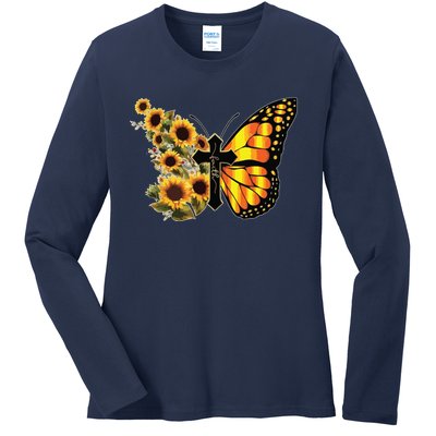 Sunflower Butterfly Faith Ladies Long Sleeve Shirt