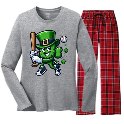 Shamrock Baseball Funny St Patricks Day Women's Long Sleeve Flannel Pajama Set 