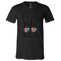 Sunglass Bunny Face Tie Dye Happy Easter Day V-Neck T-Shirt