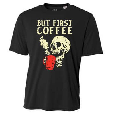 Skeleton But First Coffee Funny Halloween Caffeine Women Cooling Performance Crew T-Shirt