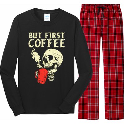 Skeleton But First Coffee Funny Halloween Caffeine Women Long Sleeve Pajama Set