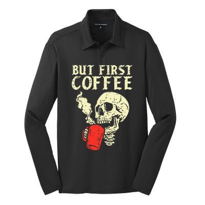 Skeleton But First Coffee Funny Halloween Caffeine Women Silk Touch Performance Long Sleeve Polo