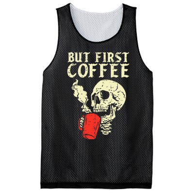 Skeleton But First Coffee Funny Halloween Caffeine Women Mesh Reversible Basketball Jersey Tank