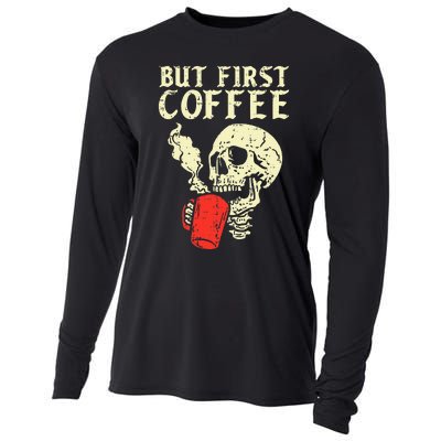 Skeleton But First Coffee Funny Halloween Caffeine Women Cooling Performance Long Sleeve Crew