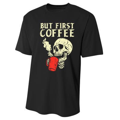 Skeleton But First Coffee Funny Halloween Caffeine Women Performance Sprint T-Shirt