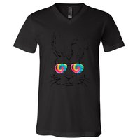 Sunglass Bunny Face Tie Dye Happy Easter Day V-Neck T-Shirt