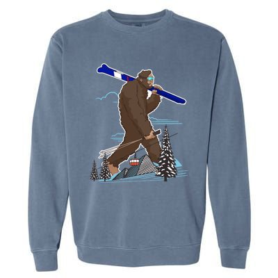 Skiing Bigfoot Funny Sasquatch Ski For Winter Skiers Funny Gift Garment-Dyed Sweatshirt