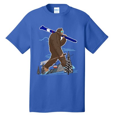 Skiing Bigfoot Funny Sasquatch Ski For Winter Skiers Funny Gift Tall T-Shirt