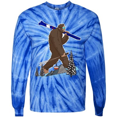 Skiing Bigfoot Funny Sasquatch Ski For Winter Skiers Funny Gift Tie-Dye Long Sleeve Shirt