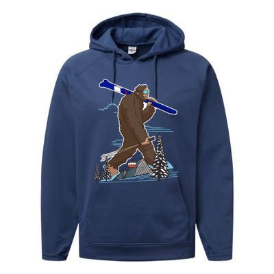 Skiing Bigfoot Funny Sasquatch Ski For Winter Skiers Funny Gift Performance Fleece Hoodie