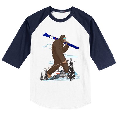 Skiing Bigfoot Funny Sasquatch Ski For Winter Skiers Funny Gift Baseball Sleeve Shirt