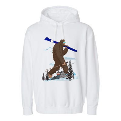 Skiing Bigfoot Funny Sasquatch Ski For Winter Skiers Funny Gift Garment-Dyed Fleece Hoodie