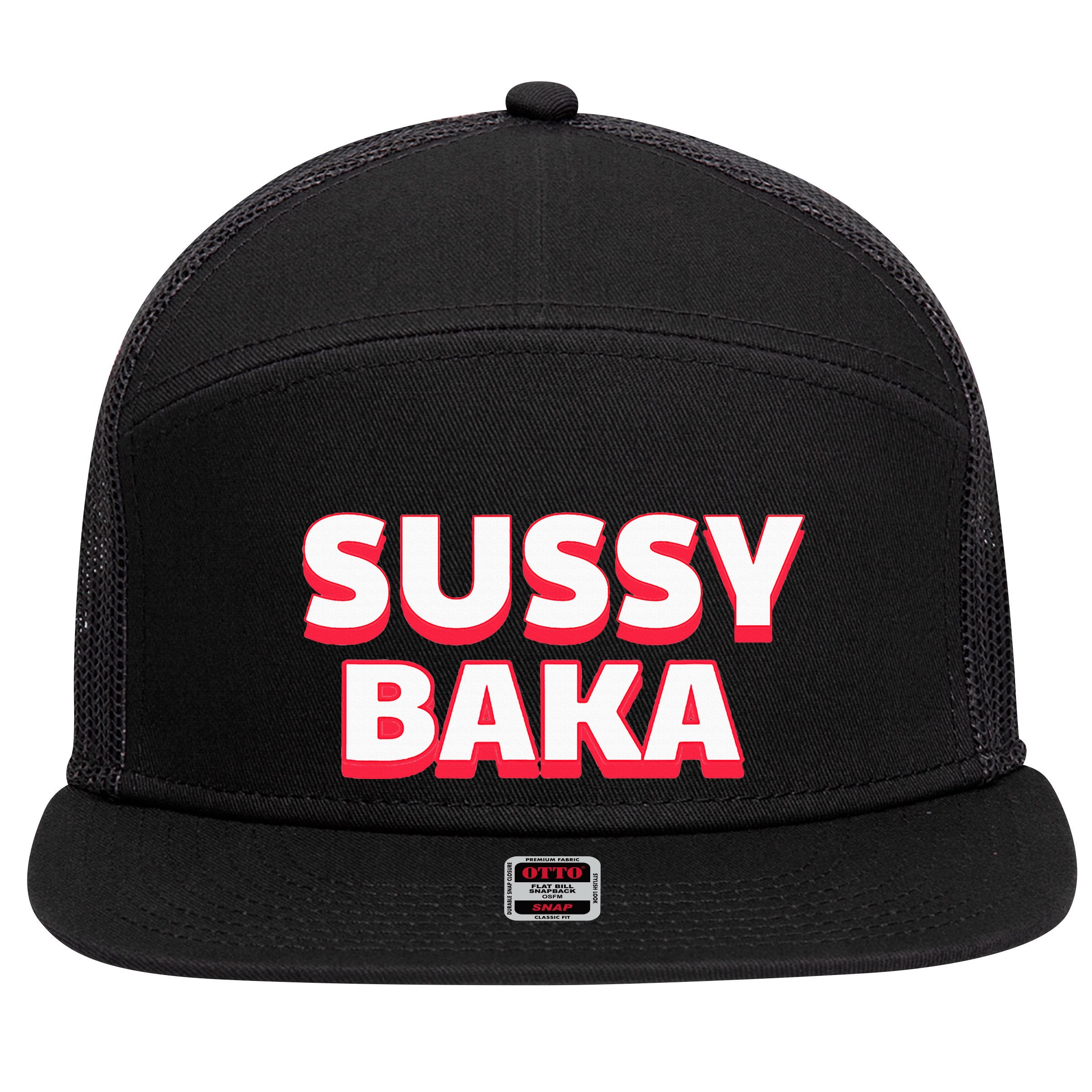 Sussy Baka Funny Sus Meme 7 Panel Mesh Trucker Snapback Hat