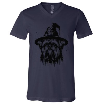 Spooky Brussels Griffon Dog Halloween Witch Hat Vintage V-Neck T-Shirt