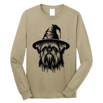 Spooky Brussels Griffon Dog Halloween Witch Hat Vintage Long Sleeve Shirt