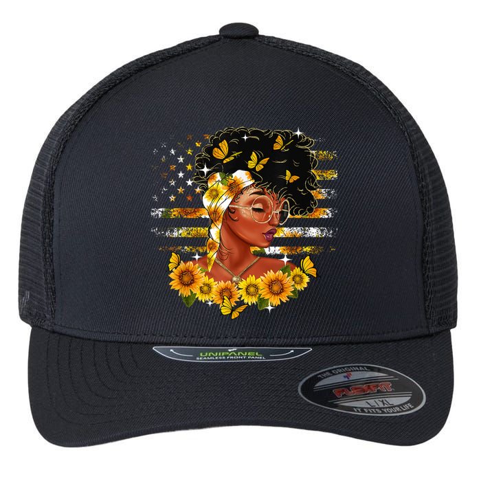 Sunflower Black Girl Queen Black History Month Juneteenth Flexfit Unipanel Trucker Cap