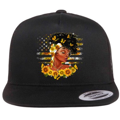 Sunflower Black Girl Queen Black History Month Juneteenth Flat Bill Trucker Hat