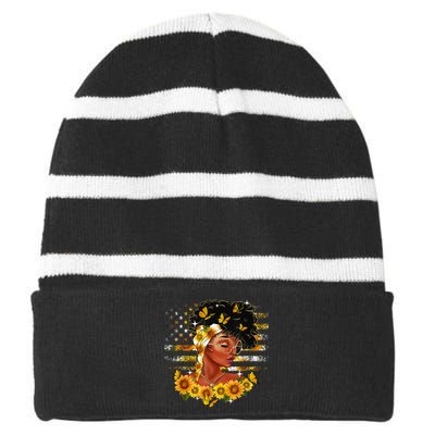 Sunflower Black Girl Queen Black History Month Juneteenth Striped Beanie with Solid Band