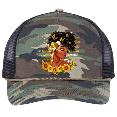 Sunflower Black Girl Queen Black History Month Juneteenth Retro Rope Trucker Hat Cap