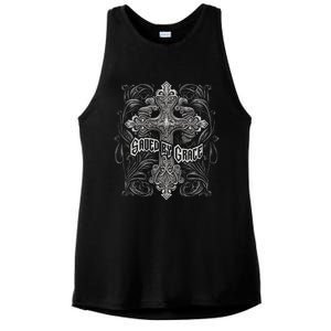 Saved By Grace Christian Graphic Design Gothic Cross Ladies PosiCharge Tri-Blend Wicking Tank