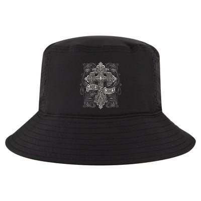 Saved By Grace Christian Graphic Design Gothic Cross Cool Comfort Performance Bucket Hat