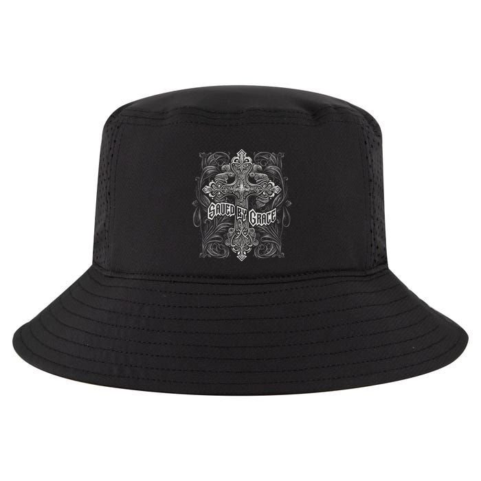 Saved By Grace Christian Graphic Design Gothic Cross Cool Comfort Performance Bucket Hat