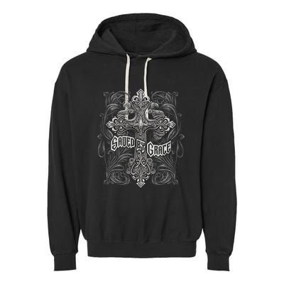 Saved By Grace Christian Graphic Design Gothic Cross Garment-Dyed Fleece Hoodie