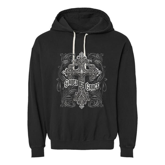 Saved By Grace Christian Graphic Design Gothic Cross Garment-Dyed Fleece Hoodie