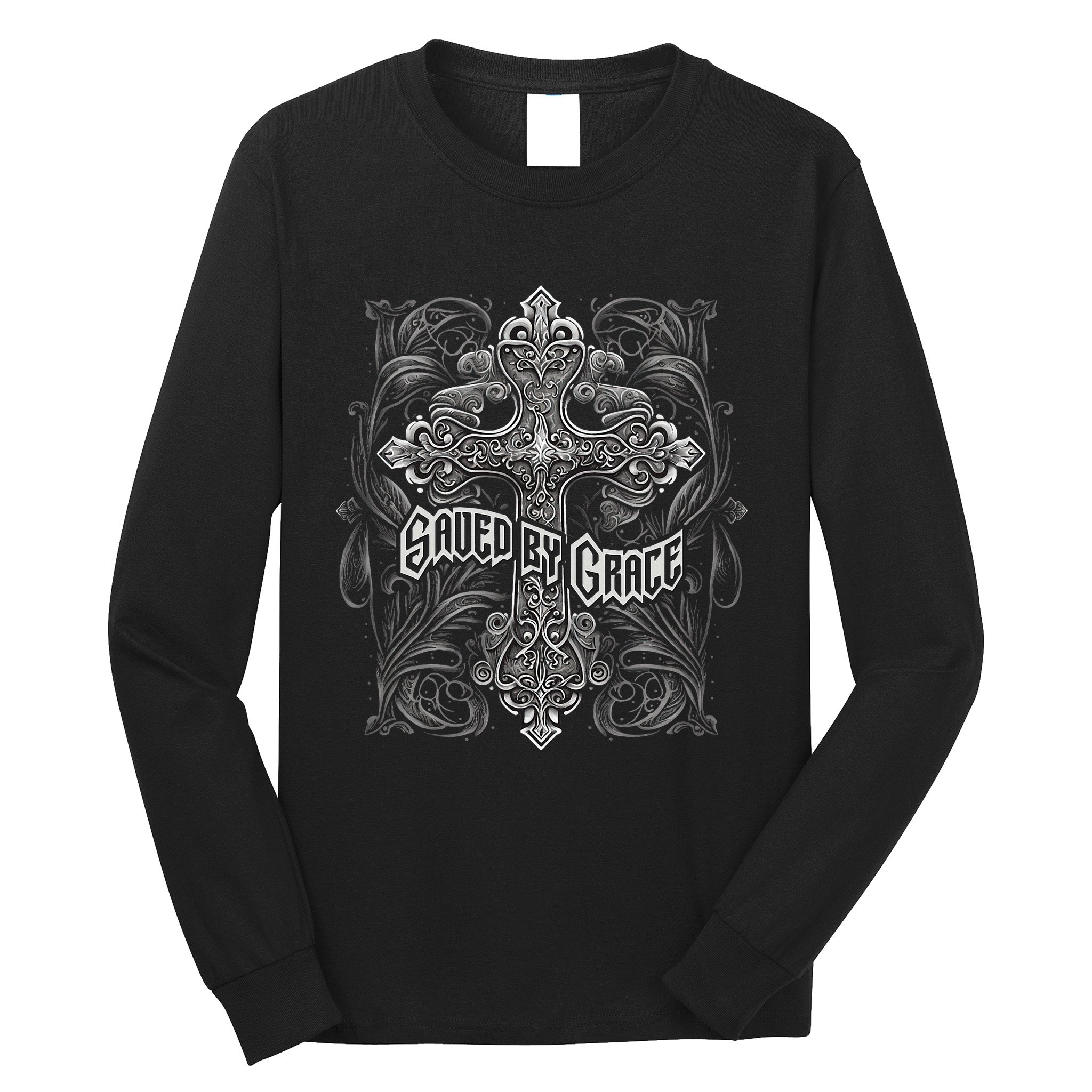 Saved By Grace Christian Graphic Design Gothic Cross Long Sleeve Shirt