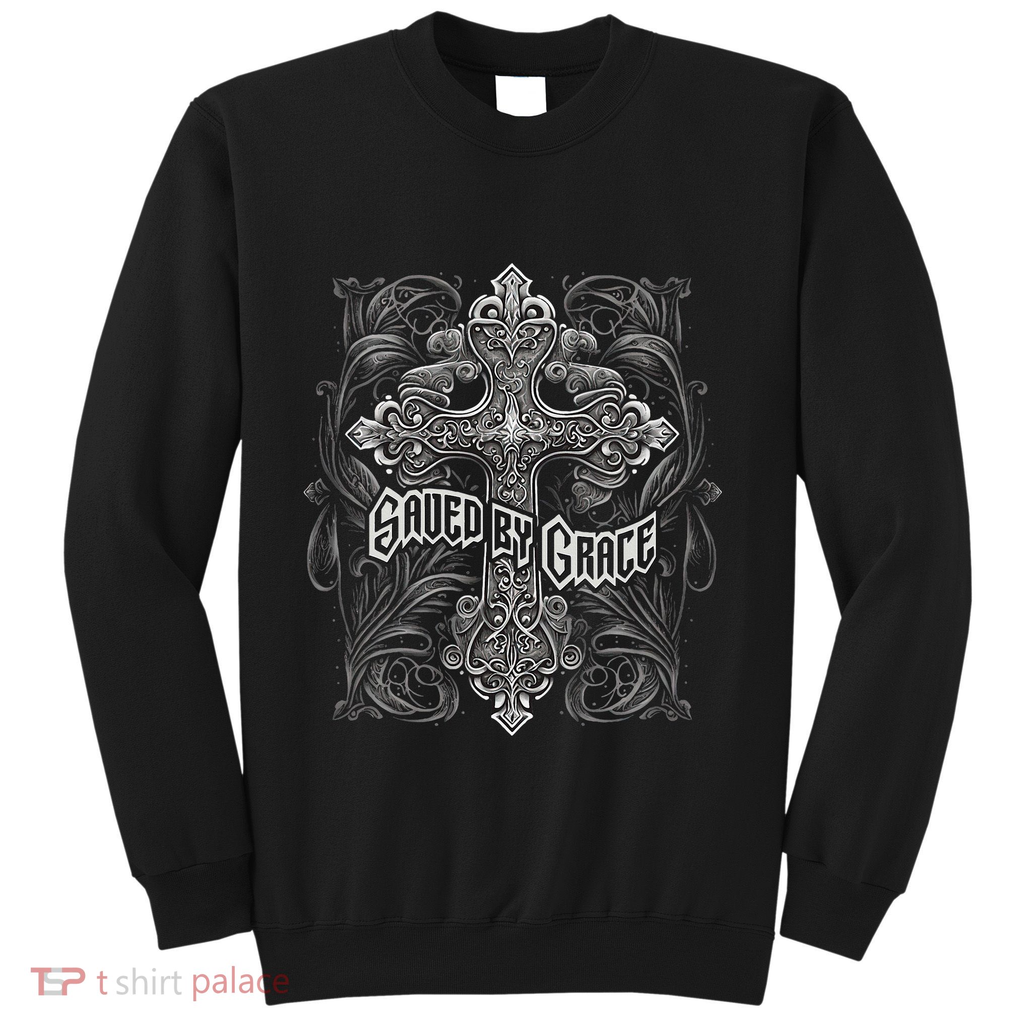 Saved By Grace Christian Graphic Design Gothic Cross Sweatshirt