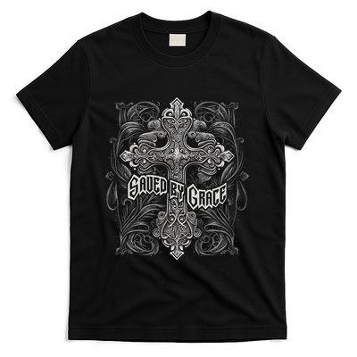 Saved By Grace Christian Graphic Design Gothic Cross T-Shirt