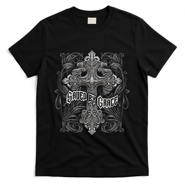 Saved By Grace Christian Graphic Design Gothic Cross T-Shirt