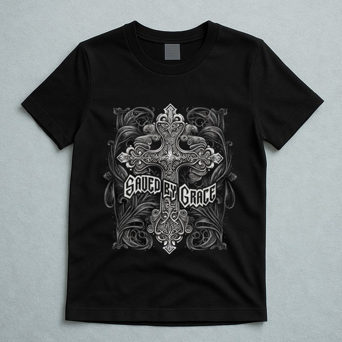 Saved By Grace Christian Graphic Design Gothic Cross T-Shirt