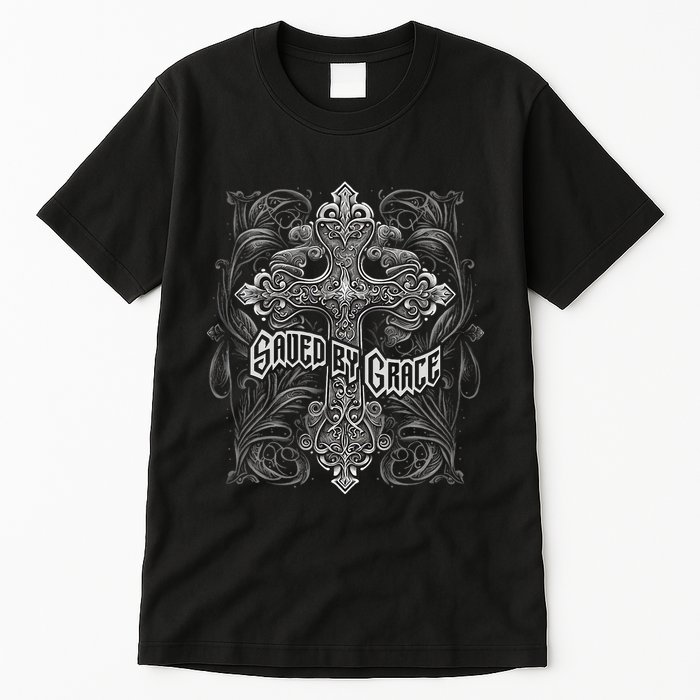 Saved By Grace Christian Graphic Design Gothic Cross Tall T-Shirt