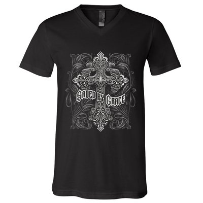 Saved By Grace Christian Graphic Design Gothic Cross V-Neck T-Shirt