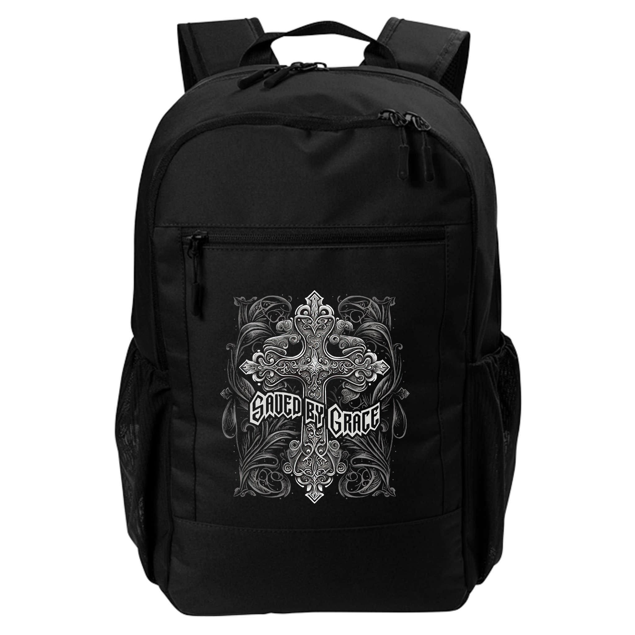 Saved By Grace Christian Graphic Design Gothic Cross Backpack
