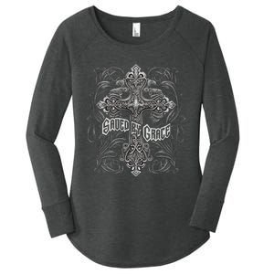 Saved By Grace Christian Graphic Design Gothic Cross Women's Perfect Tri Tunic Long Sleeve Shirt