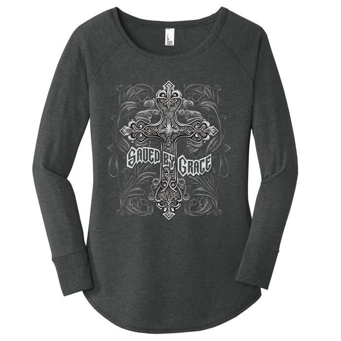 Saved By Grace Christian Graphic Design Gothic Cross Women's Perfect Tri Tunic Long Sleeve Shirt