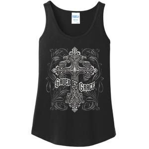 Saved By Grace Christian Graphic Design Gothic Cross Ladies Essential Tank