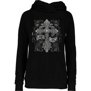 Saved By Grace Christian Graphic Design Gothic Cross Womens Funnel Neck Pullover Hood