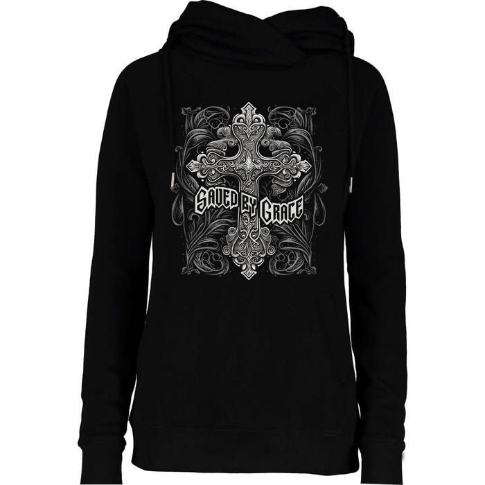 Saved By Grace Christian Graphic Design Gothic Cross Womens Funnel Neck Pullover Hood