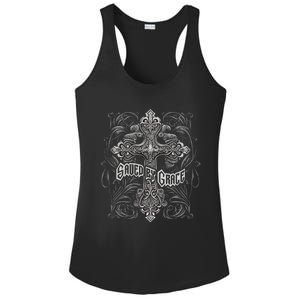 Saved By Grace Christian Graphic Design Gothic Cross Ladies PosiCharge Competitor Racerback Tank