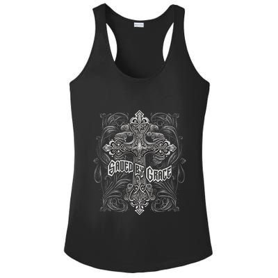 Saved By Grace Christian Graphic Design Gothic Cross Ladies PosiCharge Competitor Racerback Tank