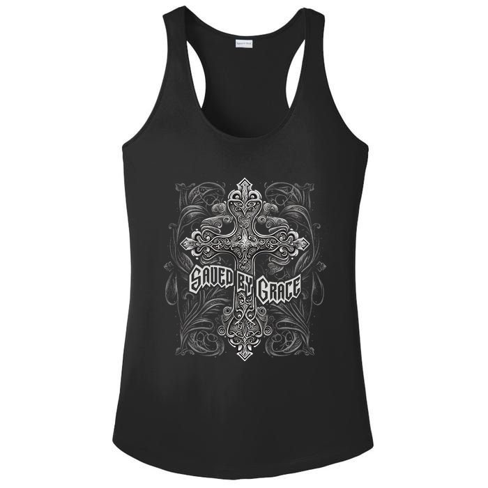 Saved By Grace Christian Graphic Design Gothic Cross Ladies PosiCharge Competitor Racerback Tank