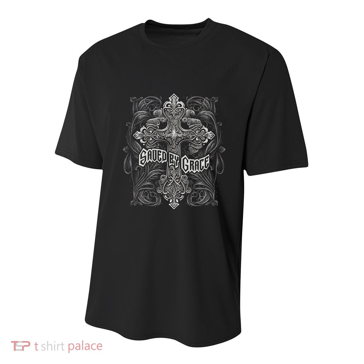 Saved By Grace Christian Graphic Design Gothic Cross Youth Performance Sprint T-Shirt
