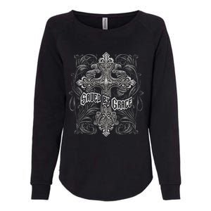 Saved By Grace Christian Graphic Design Gothic Cross Womens California Wash Sweatshirt