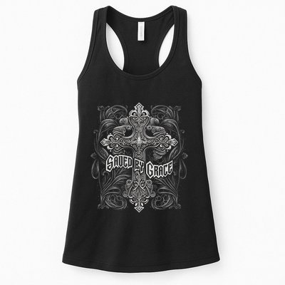 Saved By Grace Christian Graphic Design Gothic Cross Womens Tank Top