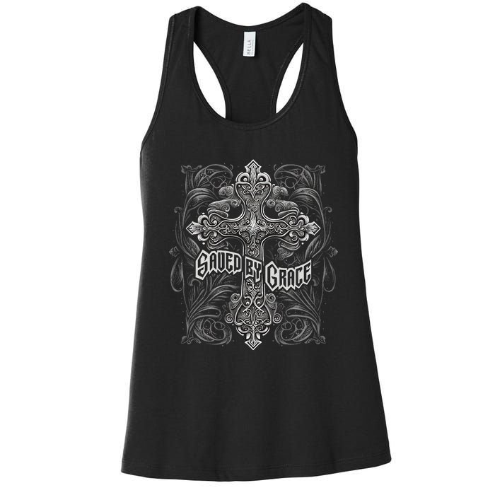 Saved By Grace Christian Graphic Design Gothic Cross Women's Racerback Tank